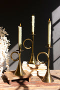 Set of Three Antique Brass Trumpet Taper Candle Holders