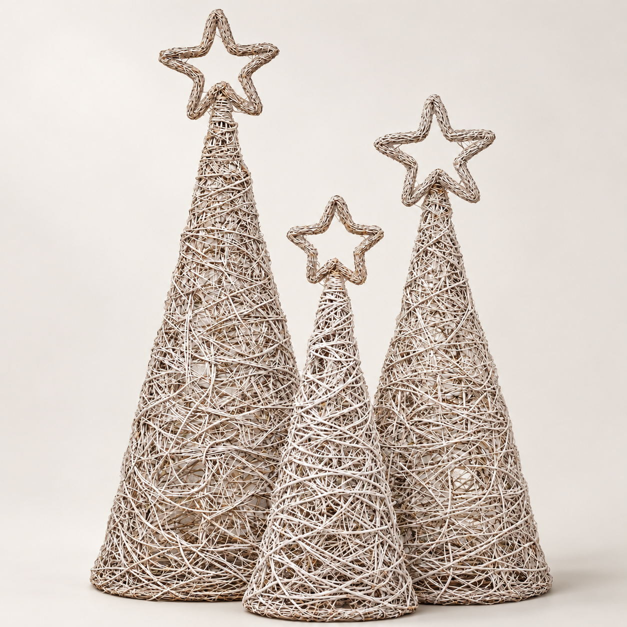 Set of 3 Whitewash Giant Iron Twig Topiaries with Star Finials
