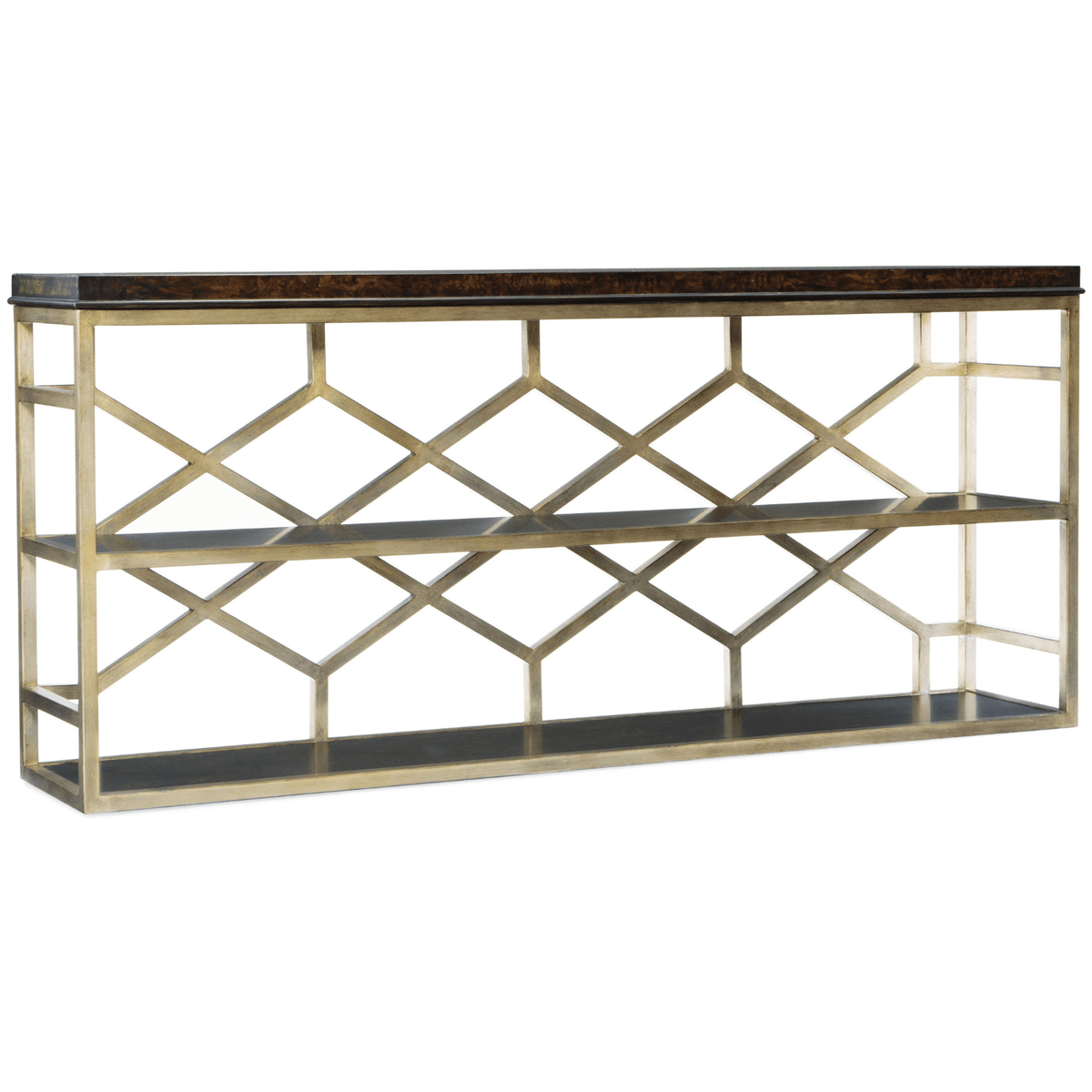 Melange Giles Console Table–Golden Madrone Burl, Metal Base
