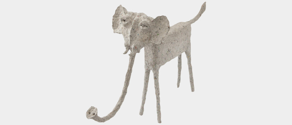 Trunk Down Elephant Paper Mache Sculpture 14”H Tabletop