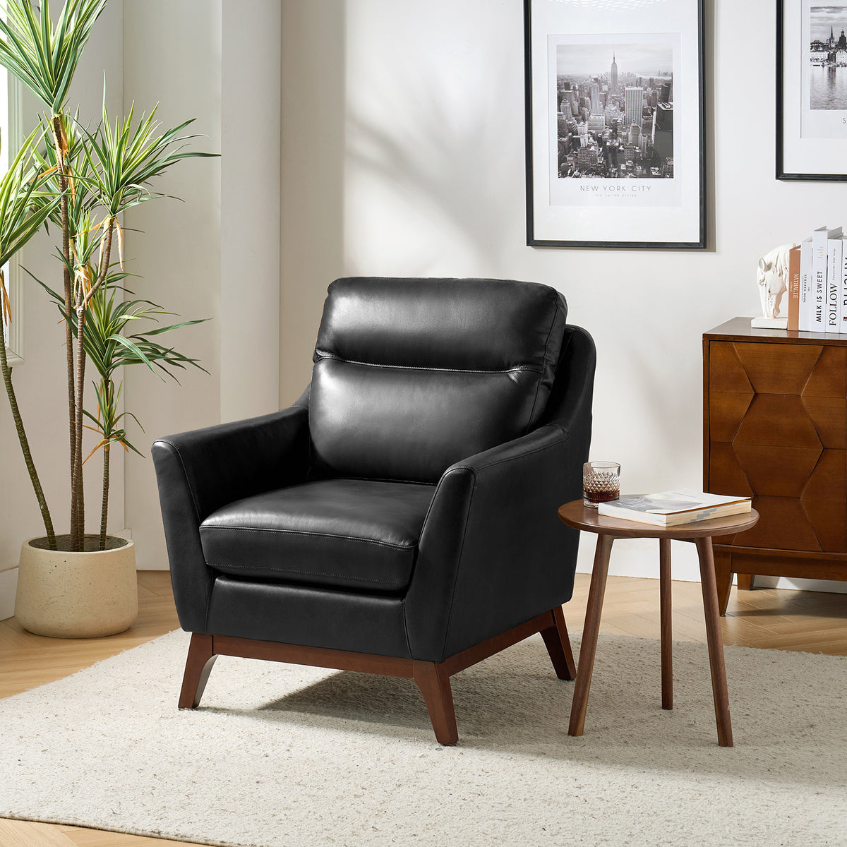 Mid-Century Mordern Genuine Leather Armchair in Black