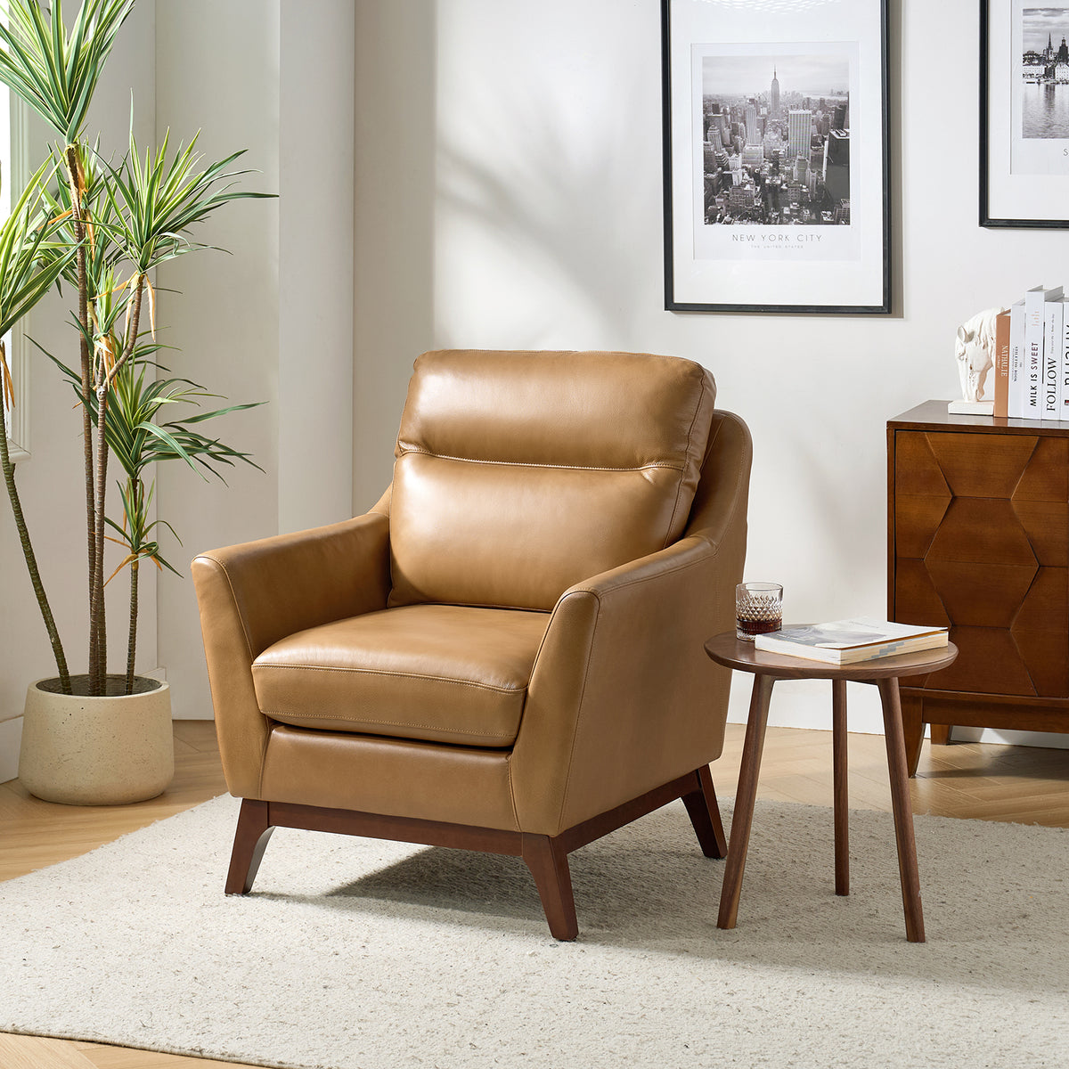 Mid-Century Mordern Genuine Leather Armchair in Camel