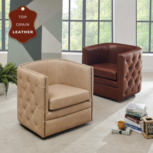Leslie Top Grain Leather Swivel Tufted Accent Chair in Garrett Brown