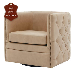Leslie Top Grain Leather Swivel Accent Chair in Garrett Beige