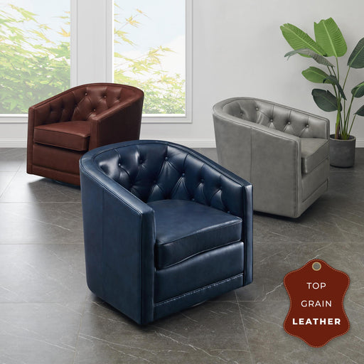 Walsh Top Grain Leather Swivel Accent Chair in Garrett Blue
